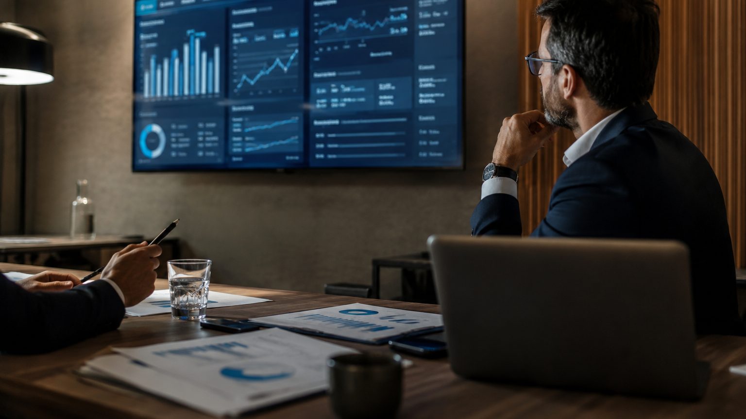 Executivo analisando dashboards financeiros e relatórios de IRPJ e CSLL — planejamento de JCP de anos anteriores após o Tema 1.319 do STJ