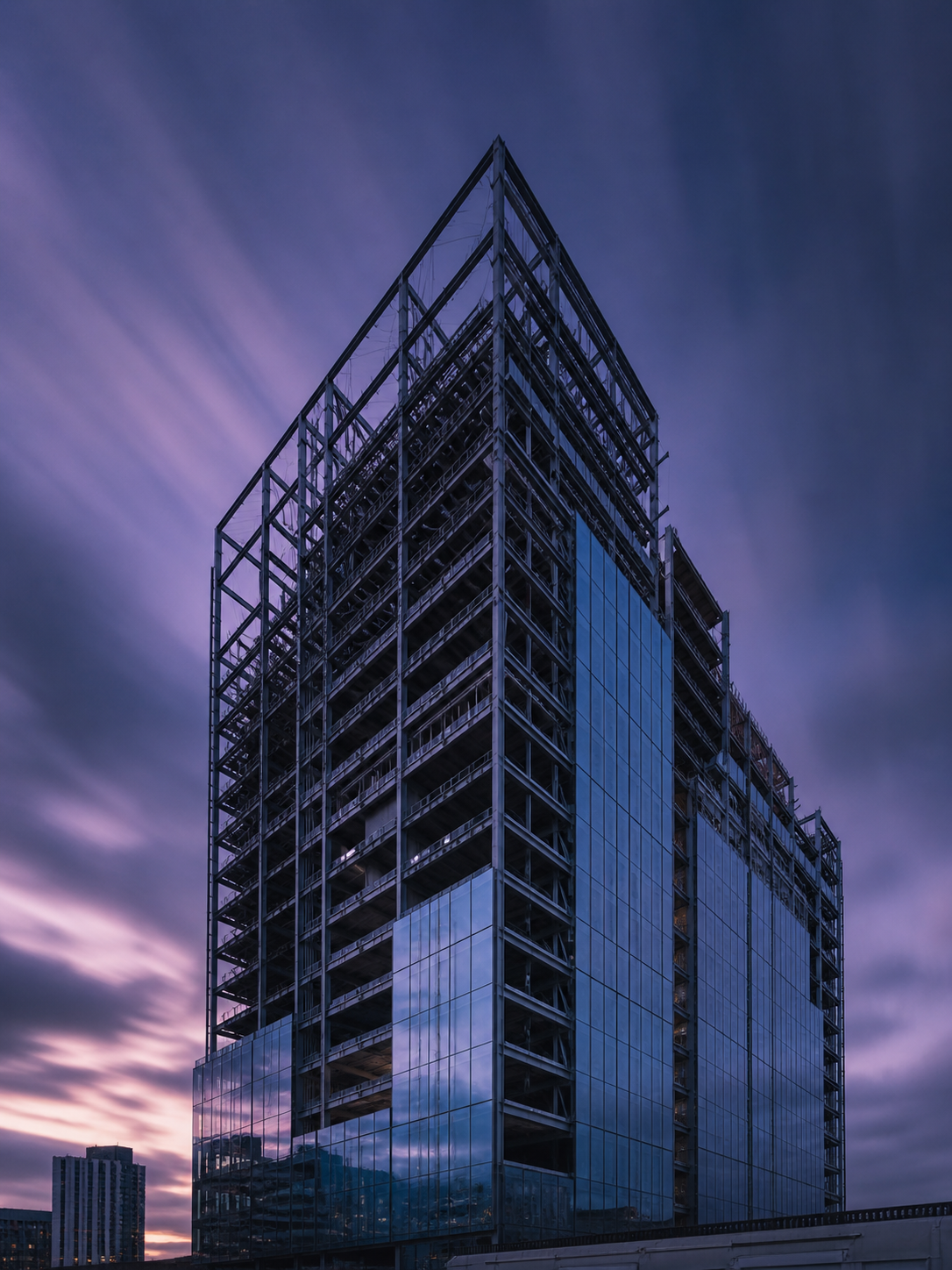 Edifício em construção ao crepúsculo — arquitetura do planejamento tributário