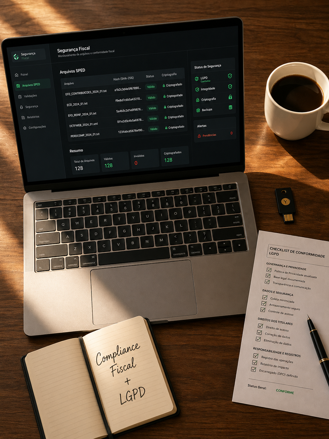 Compliance fiscal e LGPD TaxUp — dashboard de segurança de dados tributários, arquivos SPED criptografados