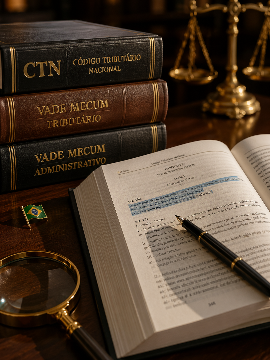 Contencioso tributário TaxUp — Código Tributário Nacional, Vade Mecum Tributário e Administrativo, balança da justiça