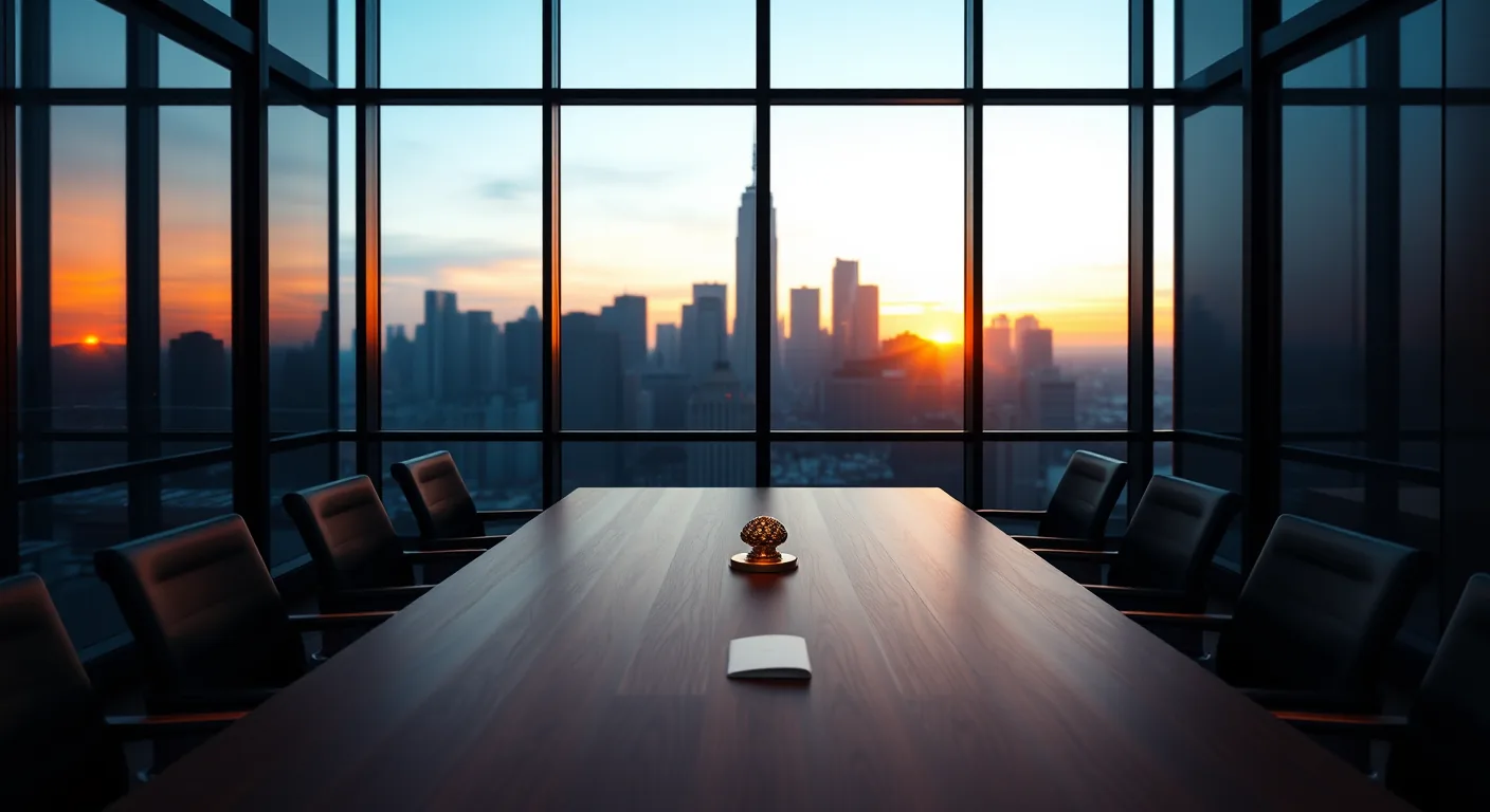 Premium boutique boardroom with abstract metropolitan skyline at golden hour — TaxUp Brazilian tax consultancy for foreign founders and multinationals
