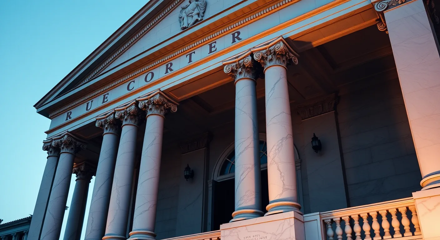 Brazilian neoclassical courthouse facade with Corinthian marble columns in dramatic side lighting — Brazilian tax litigation across CARF, STJ and STF by TaxUp