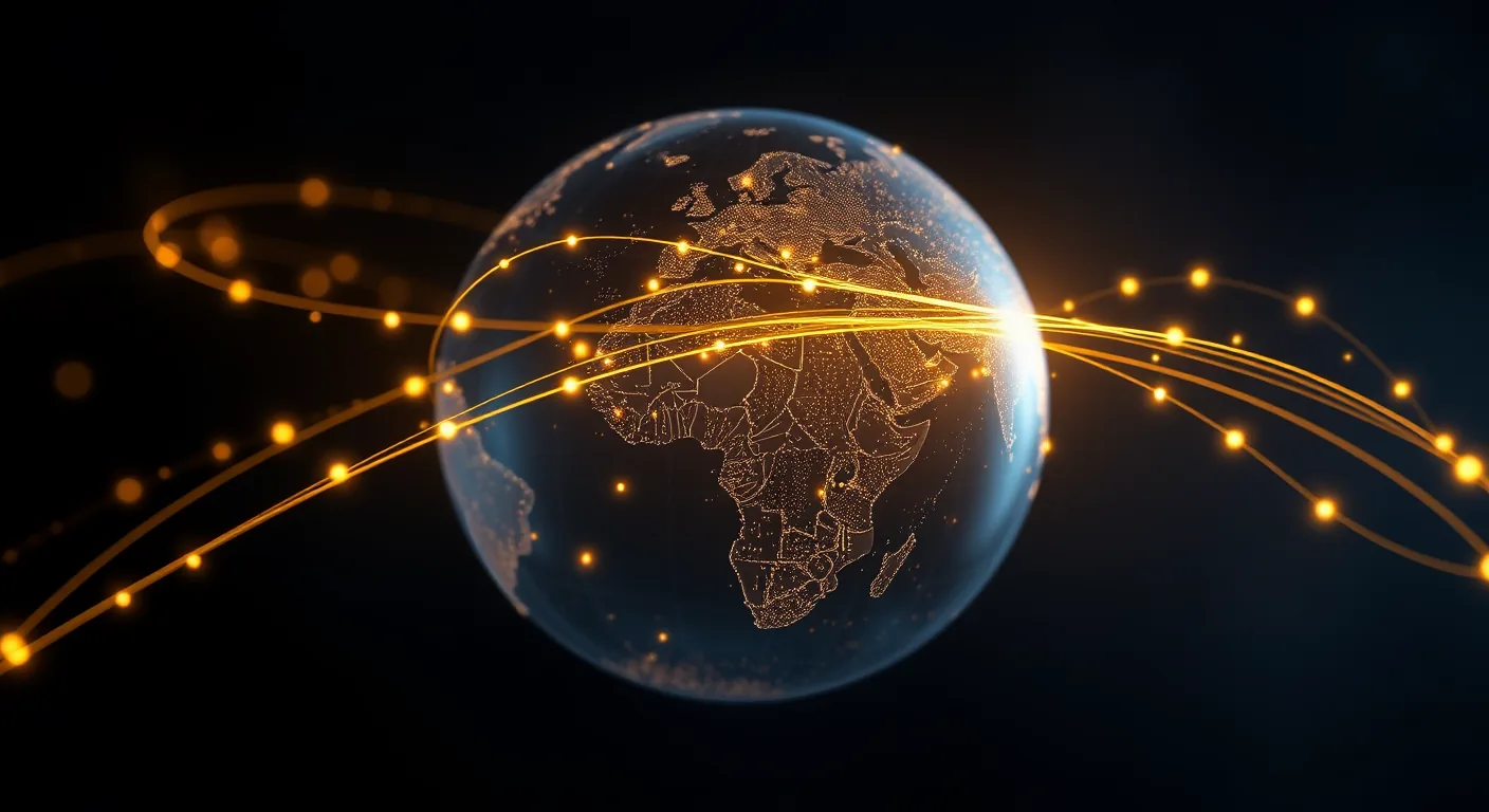 Abstract globe visualization with golden light arcs orbiting glowing nodes — Brazilian Transfer Pricing OECD-aligned Law 14.596/2023 by TaxUp