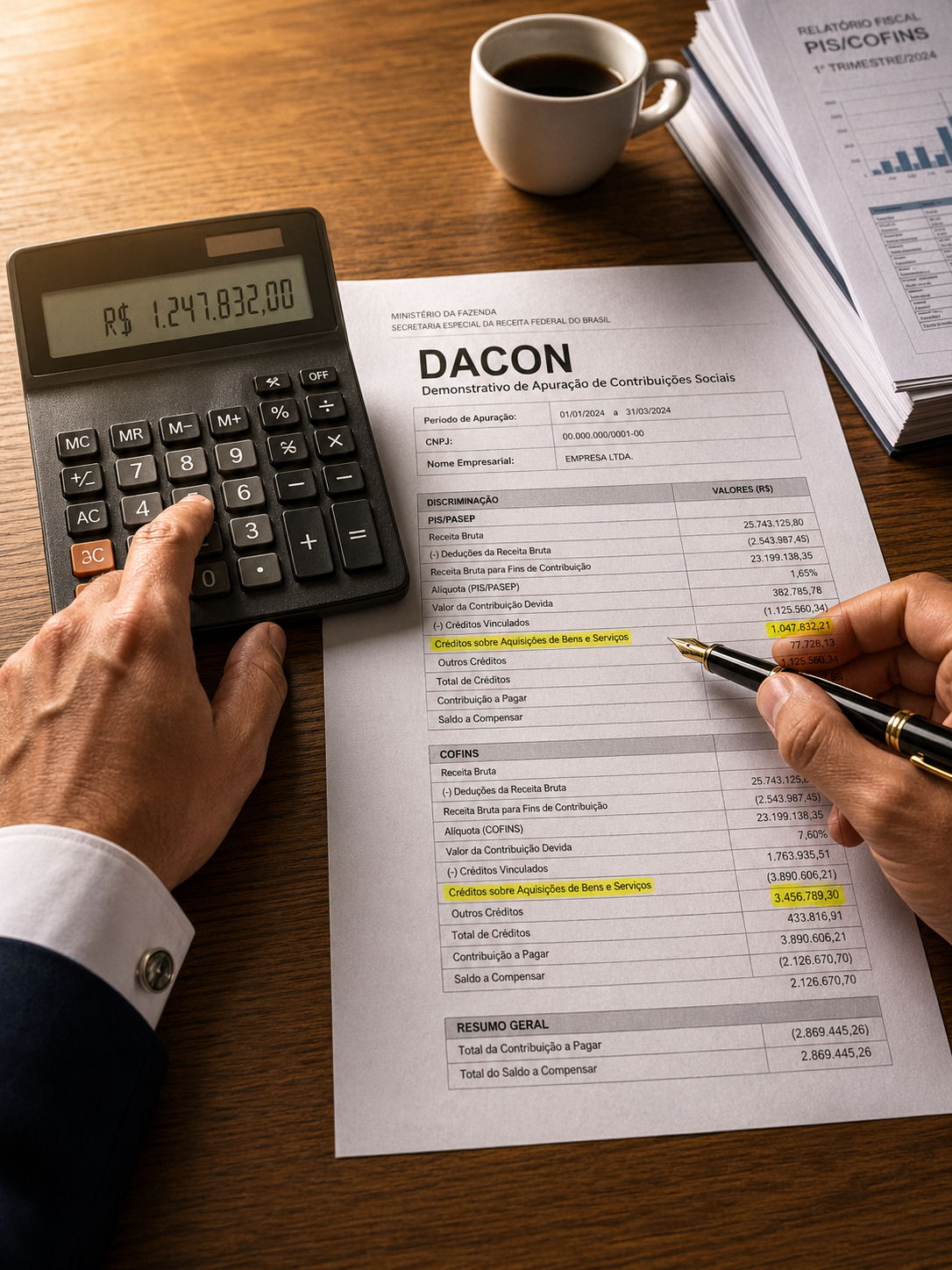 Recuperação de créditos tributários TaxUp — análise de DACON com PIS/COFINS, calculadora de créditos recuperáveis