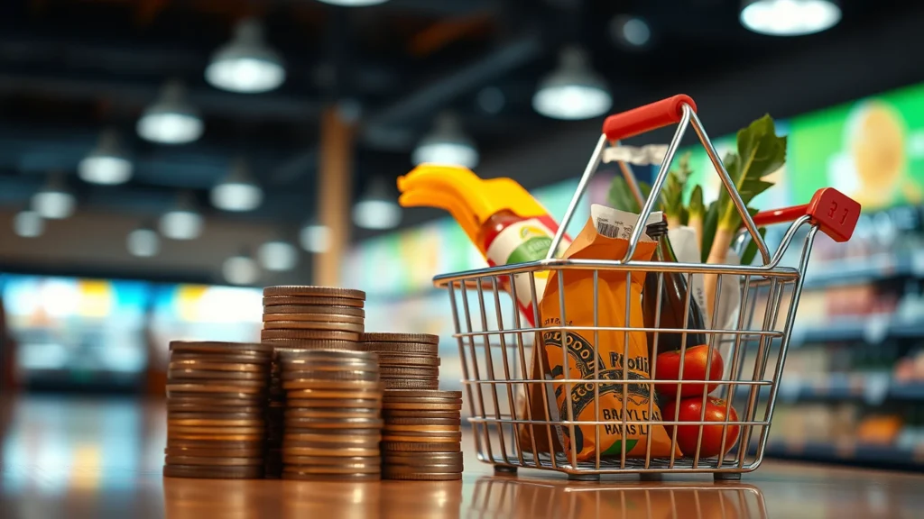 Moedas de real e cesta de compras com luz quente, ilustrando o cashback do IBS e da CBS a famílias, pela TaxUp