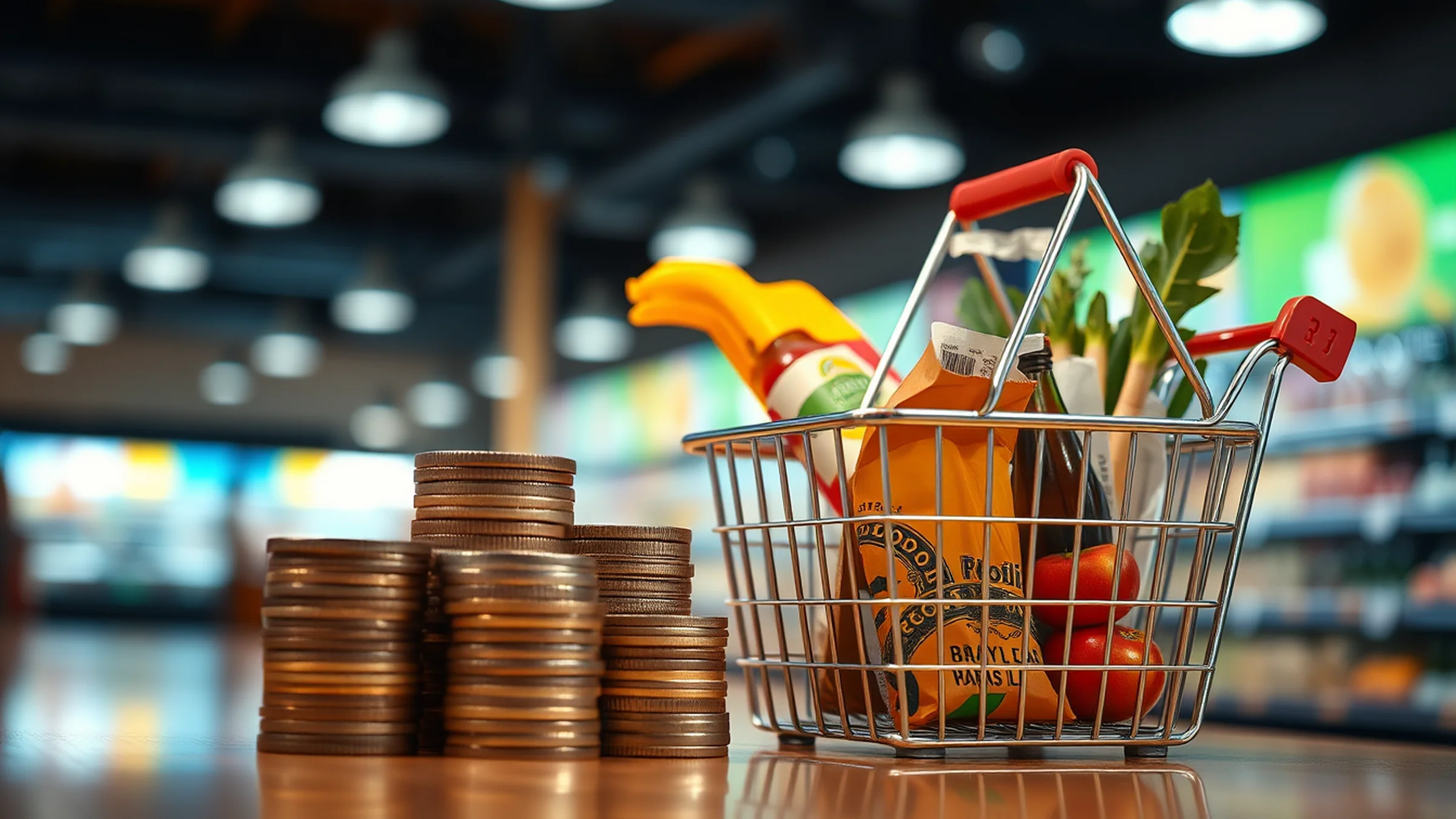 Moedas de real e cesta de compras com luz quente, ilustrando o cashback do IBS e da CBS a famílias, pela TaxUp