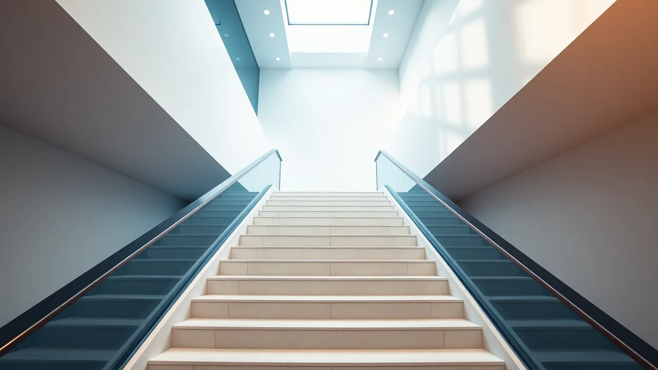 Escada moderna ascendendo a um átrio iluminado, simbolizando o roteiro de preparação da empresa para a Reforma Tributária — TaxUp