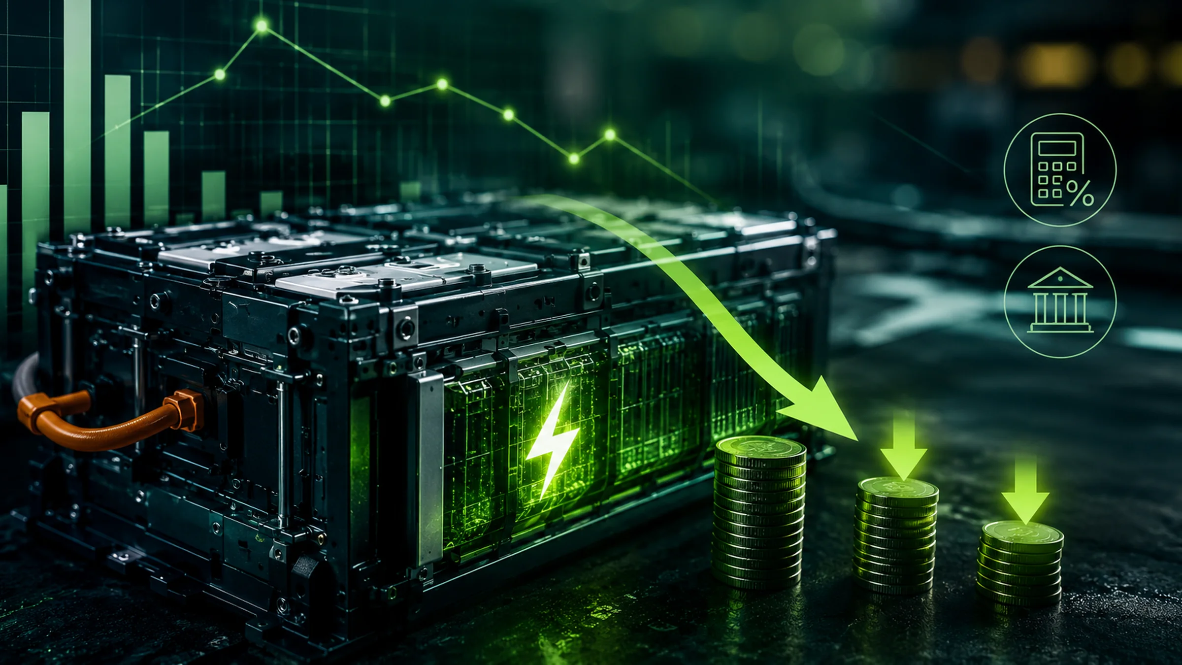 Módulo de bateria de veículo elétrico com curva de valor em queda e pilhas de moedas decrescentes, ilustrando a depreciação de baterias e o impacto em IRPJ e CSLL