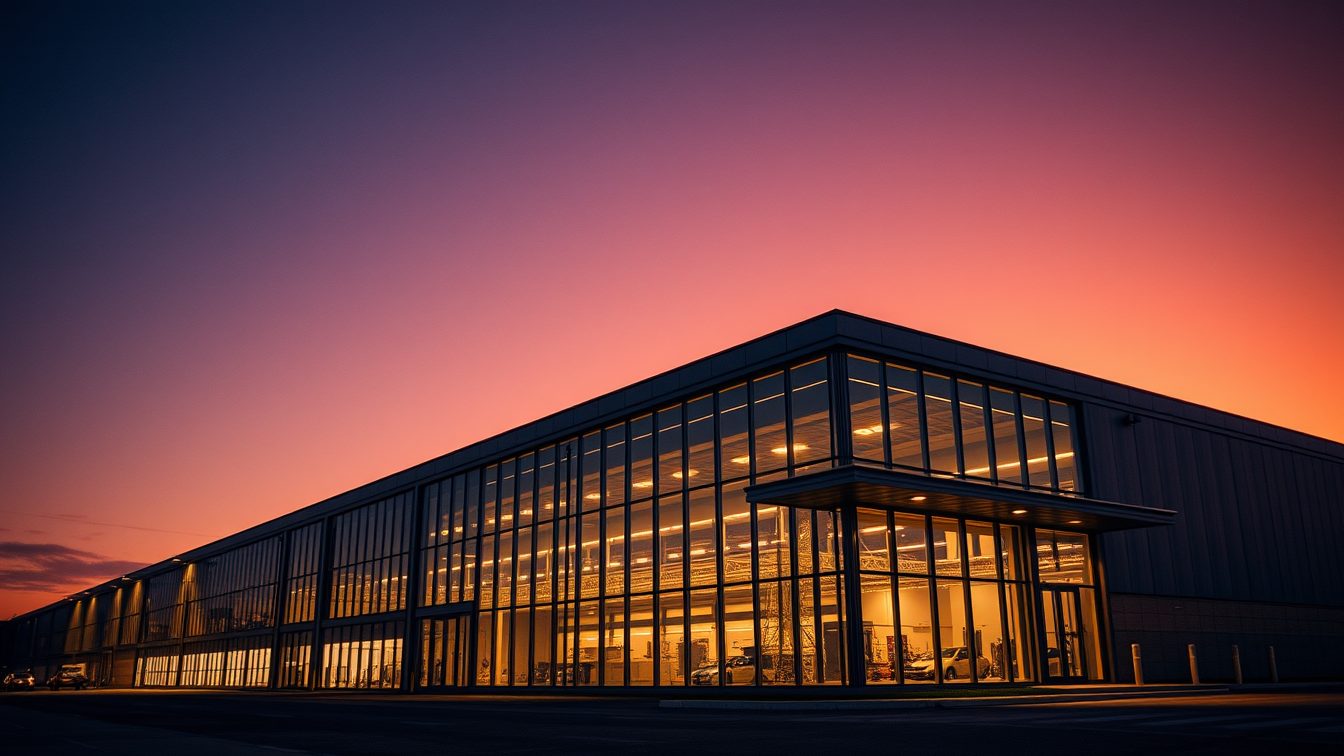 Instalação industrial moderna ao entardecer, ilustrando a redução dos incentivos fiscais federais (IRPJ, CSLL, PIS/Cofins) pela LC 224/2025 na reforma tributária