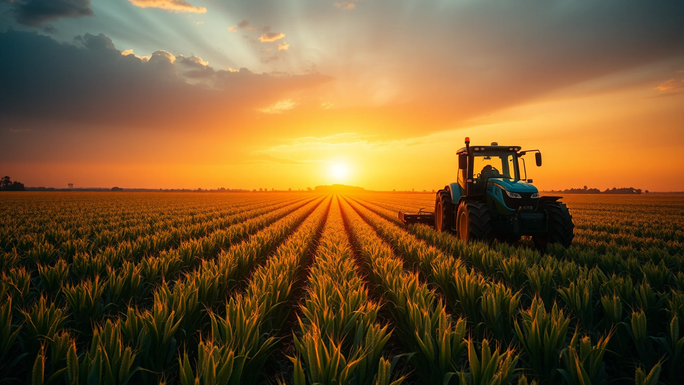 Lavoura extensa ao entardecer com trator moderno, ilustrando o regime do agronegócio no IBS e na CBS, pela TaxUp