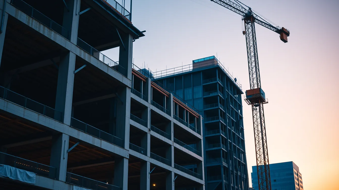 Prédio em construção com guindaste ao entardecer, simbolizando o regime de bens imóveis da Reforma Tributária na construção civil — TaxUp