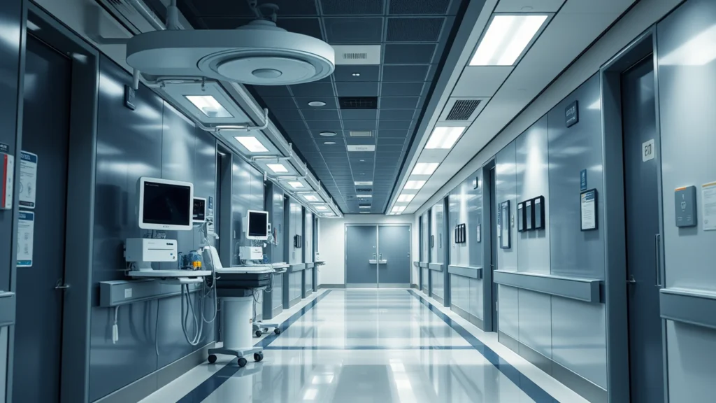 Corredor de hospital moderno e equipamentos médicos, ilustrando o regime da saúde no IBS e na CBS, pela TaxUp