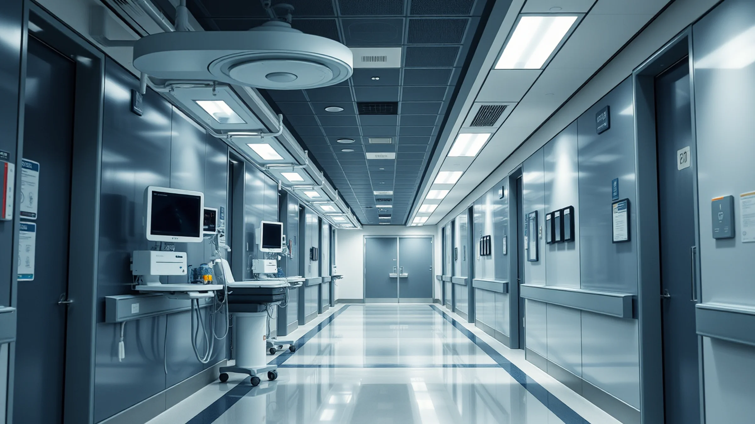Corredor de hospital moderno e equipamentos médicos, ilustrando o regime da saúde no IBS e na CBS, pela TaxUp