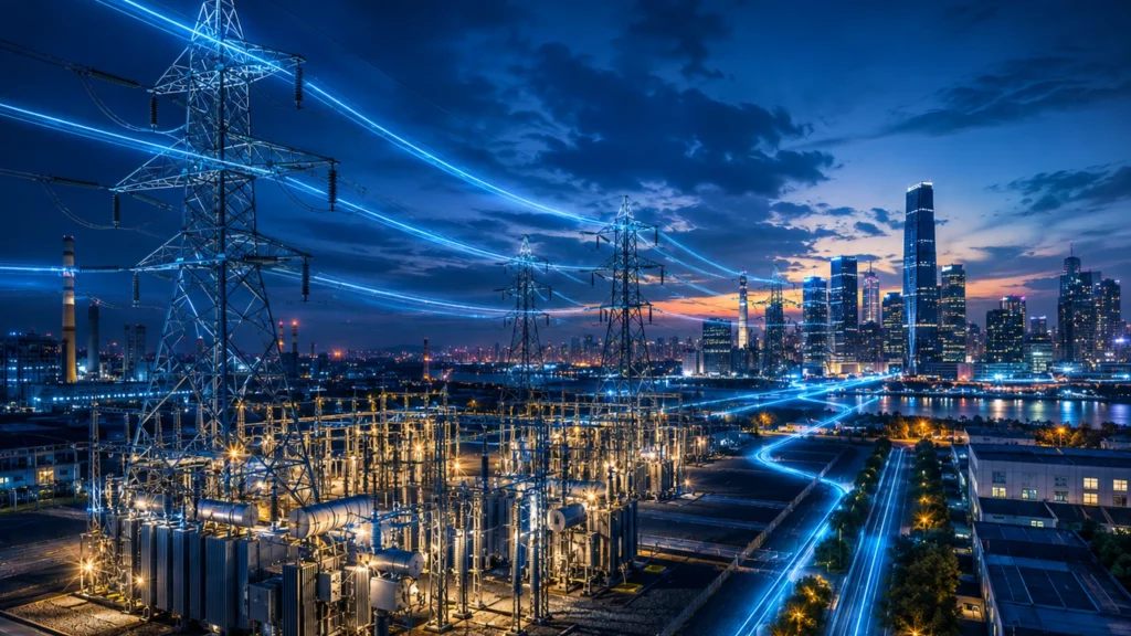 Reforma tributaria no setor eletrico: subestacao, linhas de transmissao e rede de energia ao entardecer, ilustrando o novo regime de IBS e CBS, pela TaxUp