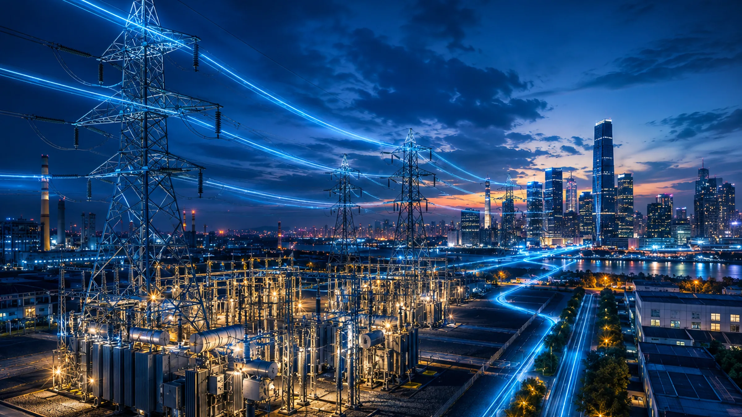 Reforma tributaria no setor eletrico: subestacao, linhas de transmissao e rede de energia ao entardecer, ilustrando o novo regime de IBS e CBS, pela TaxUp
