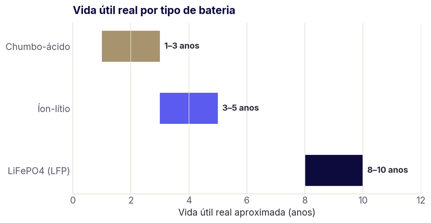 Vida útil real por tipo de bateria: chumbo-ácido de 1 a 3 anos, íon-lítio de 3 a 5 anos e LFP de 8 a 10 anos