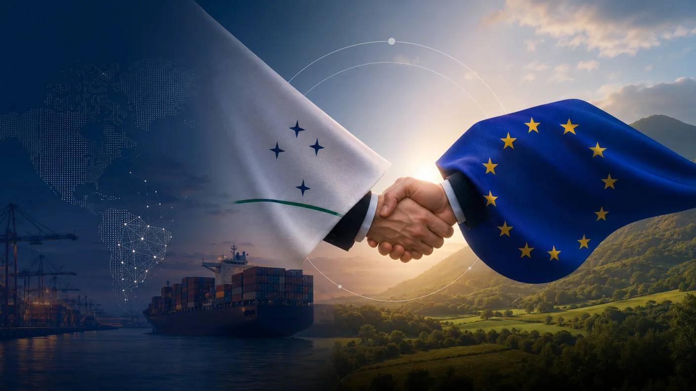 Aperto de mãos entre as bandeiras do Mercosul e da União Europeia, com navio porta-contêineres, porto e paisagem — o acordo UE–Mercosul e o Imposto de Importação. TaxUp.