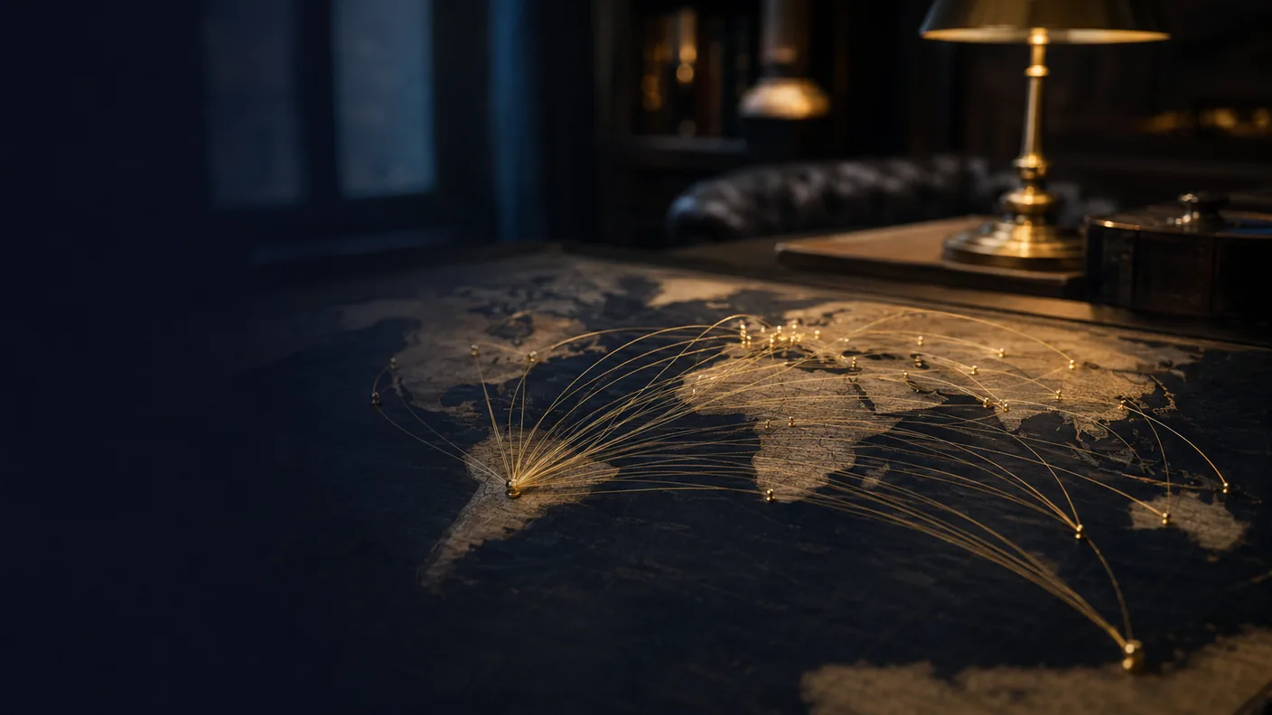 Mapa-múndi antigo sobre mesa de escritório com fios dourados partindo da América do Sul e alcançando dezenas de pontos na Europa, na Ásia e na África — a rede de acordos do Brasil contra a dupla tributação. TaxUp.