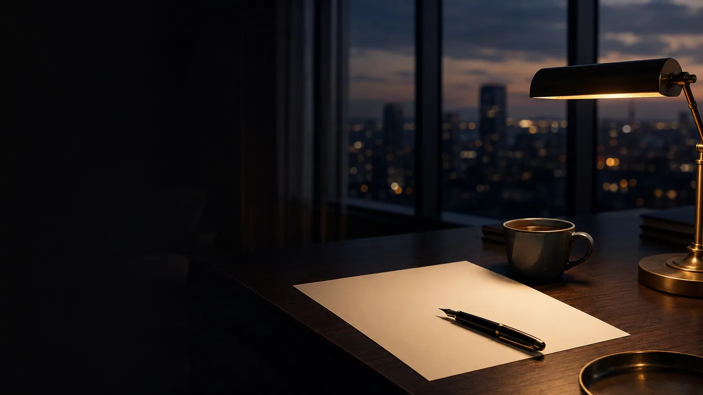 Mesa de escritório ao anoitecer com uma folha em branco sob a luz de uma luminária de latão, caneta-tinteiro e xícara de café, diante de janelas com a cidade acesa — a véspera do primeiro recolhimento do Adicional da CSLL. TaxUp.