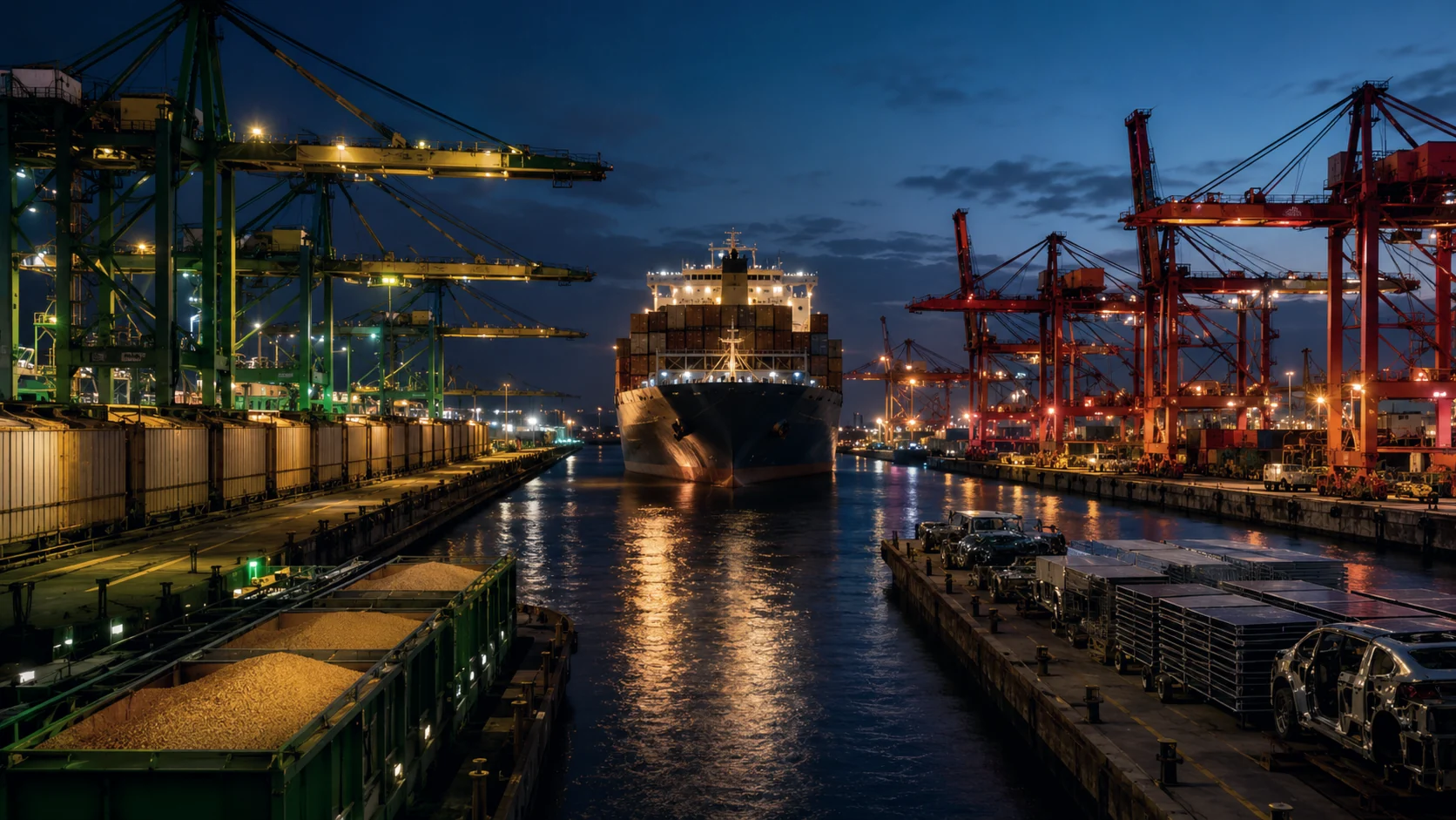 Terminal portuário à noite visto do canal, com pórticos verdes e amarelos numa margem e vermelhos na outra, vagões de granel, bobinas de aço e veículos no cais — defesa comercial e antidumping na importação. TaxUp.