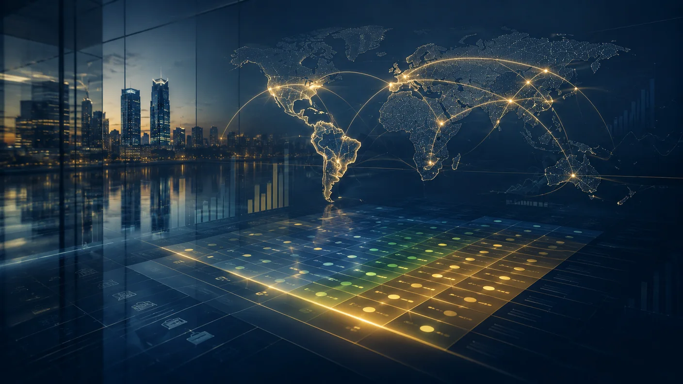 Corporate glass office, a golden world map with trade routes and a data matrix of Brazil–Poland withholding tax rates on dividends, interest, royalties and services. TaxUp.
