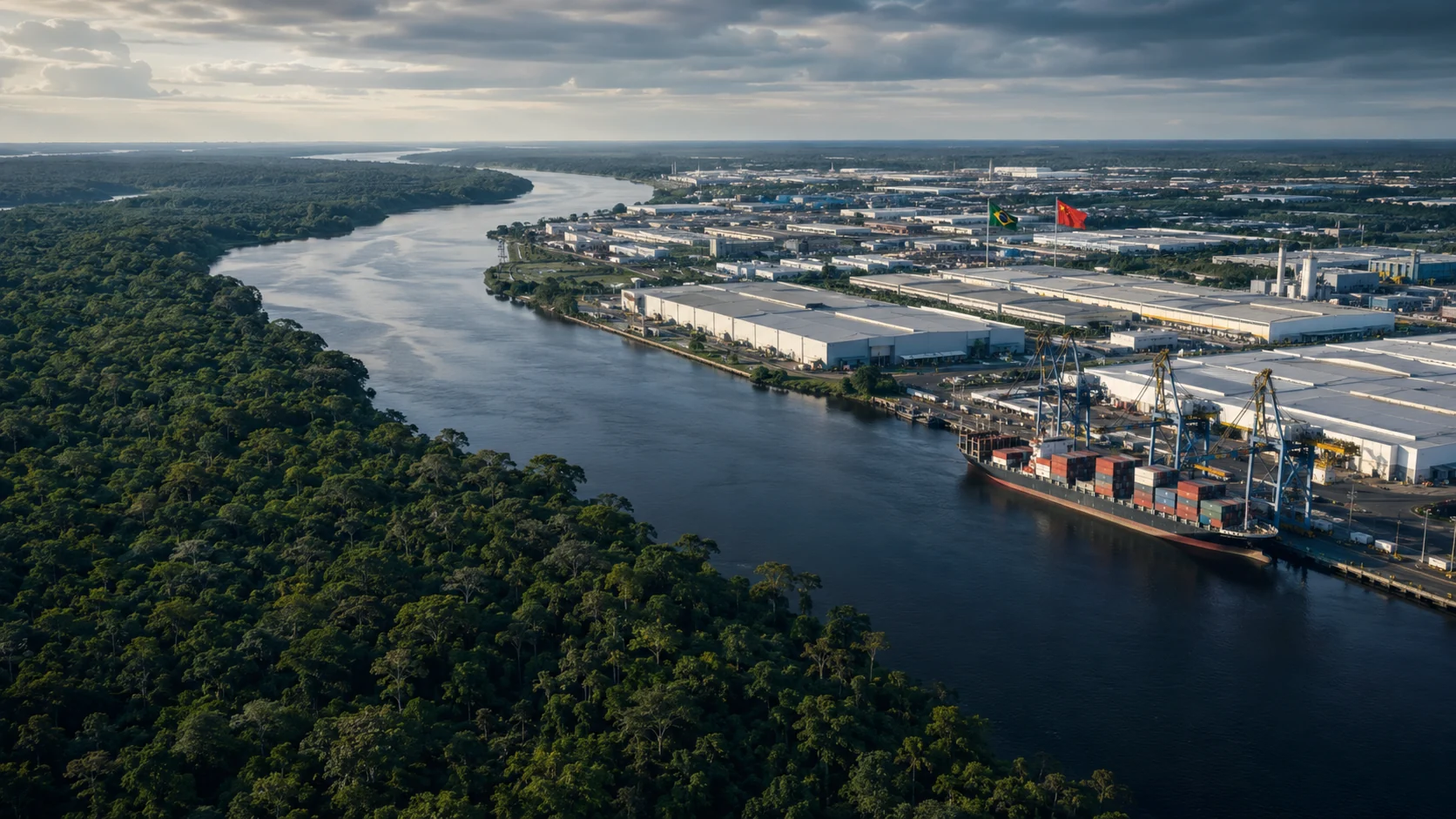 Vista aérea de um corredor logístico fluvial: floresta preservada numa margem, distrito industrial e terminal de contêineres na outra, com as bandeiras do Brasil e da China hasteadas — a relação comercial Brasil–China. TaxUp.