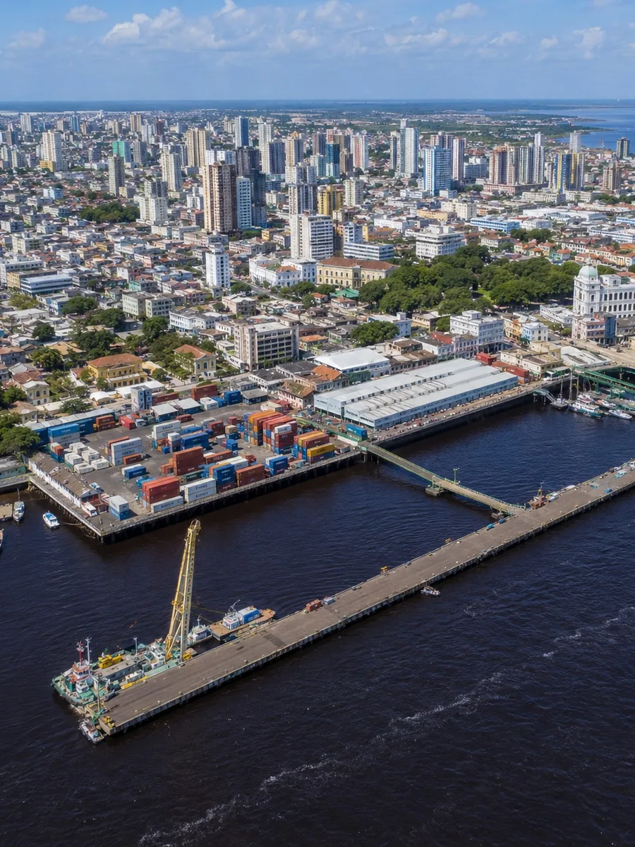 Vista aérea de porto com pátio de contêineres, píer de carga e navio atracado — direito aduaneiro e comércio exterior