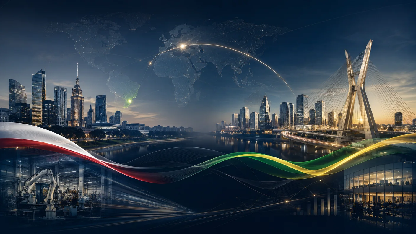 Warsaw and São Paulo skylines linked by a golden trade route over a world map, with the Polish and Brazilian flags, industry and offices — doing business in Brazil for Polish companies. TaxUp.