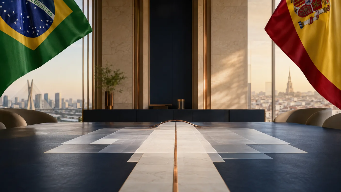 Sala de juntas corporativa con las banderas de Brasil y España, documentos sobre la mesa y los skylines de São Paulo y Madrid al atardecer — fiscalidad Brasil–España para grupos españoles. TaxUp.