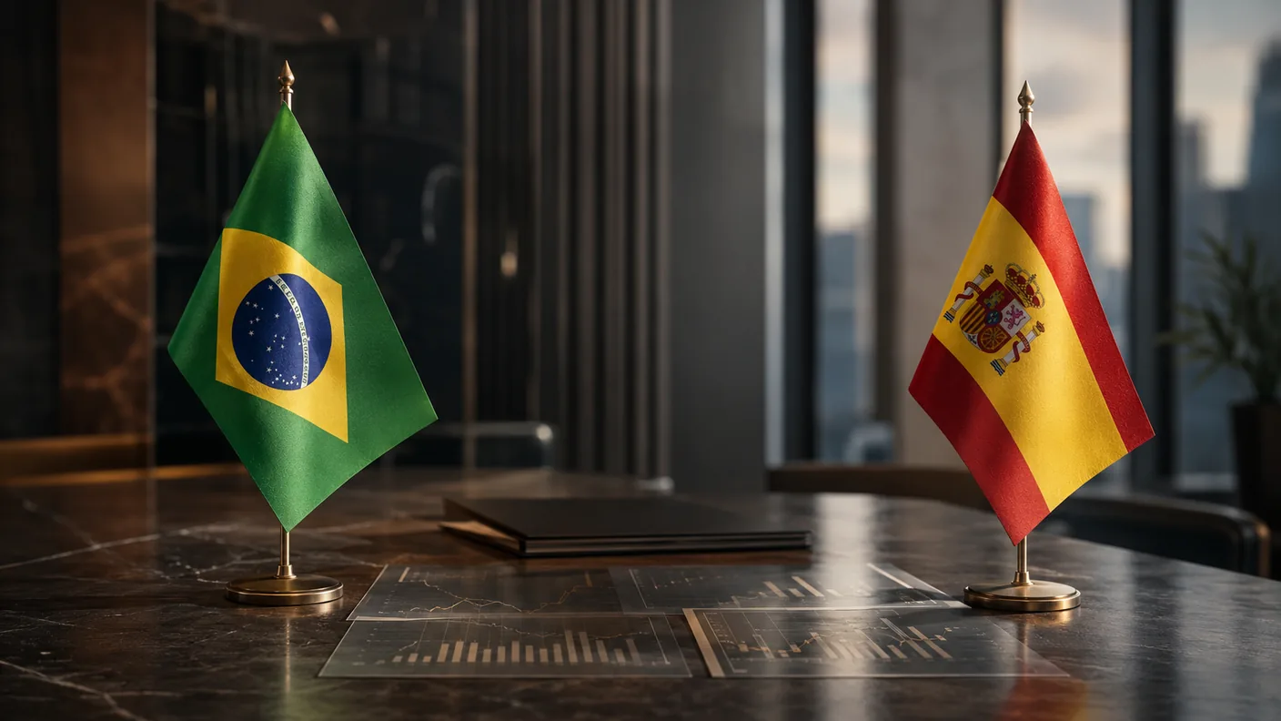 Banderas de mesa de Brasil y España sobre mármol oscuro, junto a informes con gráficos financieros — los juros sobre o capital próprio brasileños y el convenio España–Brasil. TaxUp.