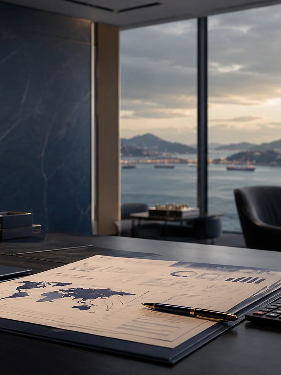 Escritório privado com documento de mapa-múndi e vista de mar ao fundo — patrimônio internacional, offshore e sucessão