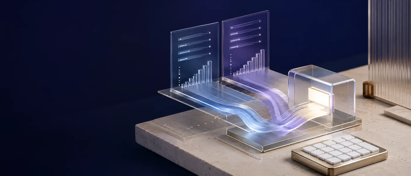 Maqueta de cristal sobre fondo navy con dos paneles de datos y flujos luminosos convergiendo en un archivo — documentación de precios de transferencia en Brasil: Archivo Local y Archivo Global. TaxUp.