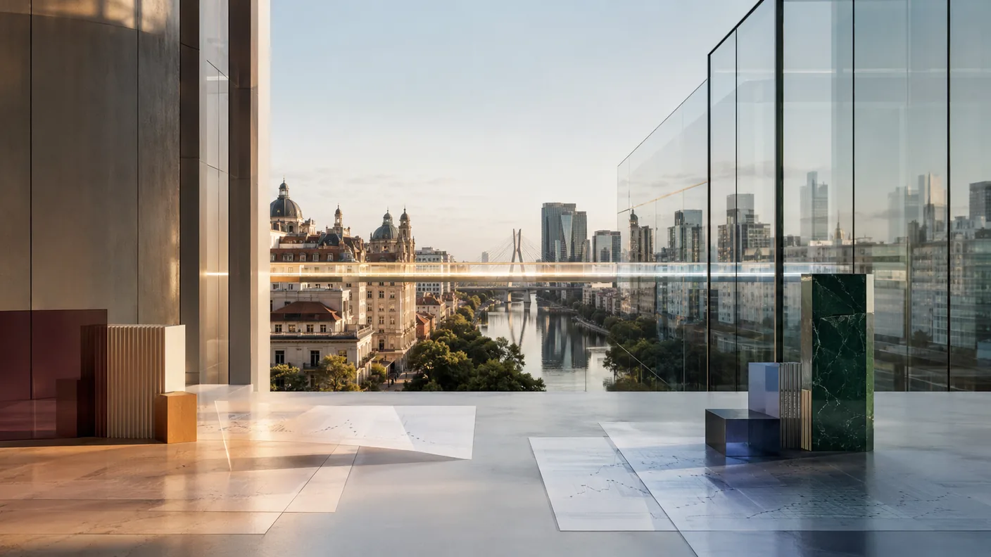 Terraço envidraçado de escritório com os skylines de Madri e São Paulo unidos sobre o rio e documentos com gráficos ao sol — o tratado Brasil–Espanha de 1974 contra a dupla tributação. TaxUp.