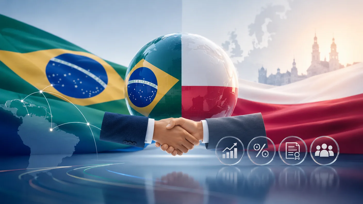 Flags of Brazil and Poland, a split globe and a handshake — the Brazil–Poland tax treaty on dividends, interest, royalties and technical services. TaxUp.