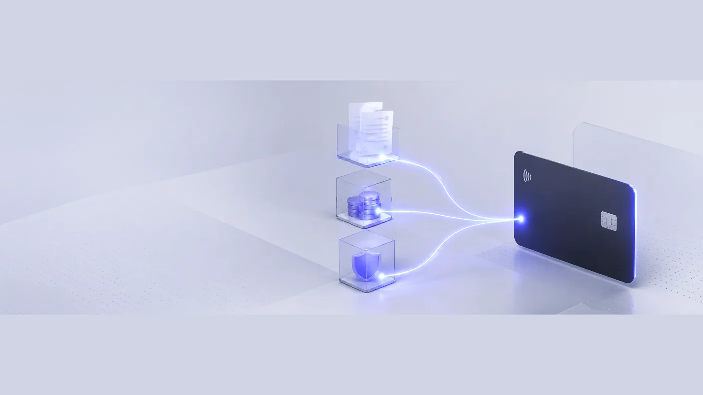 Cartão escuro conectado por linhas luminosas a três cubos com documentos, moedas e um escudo.