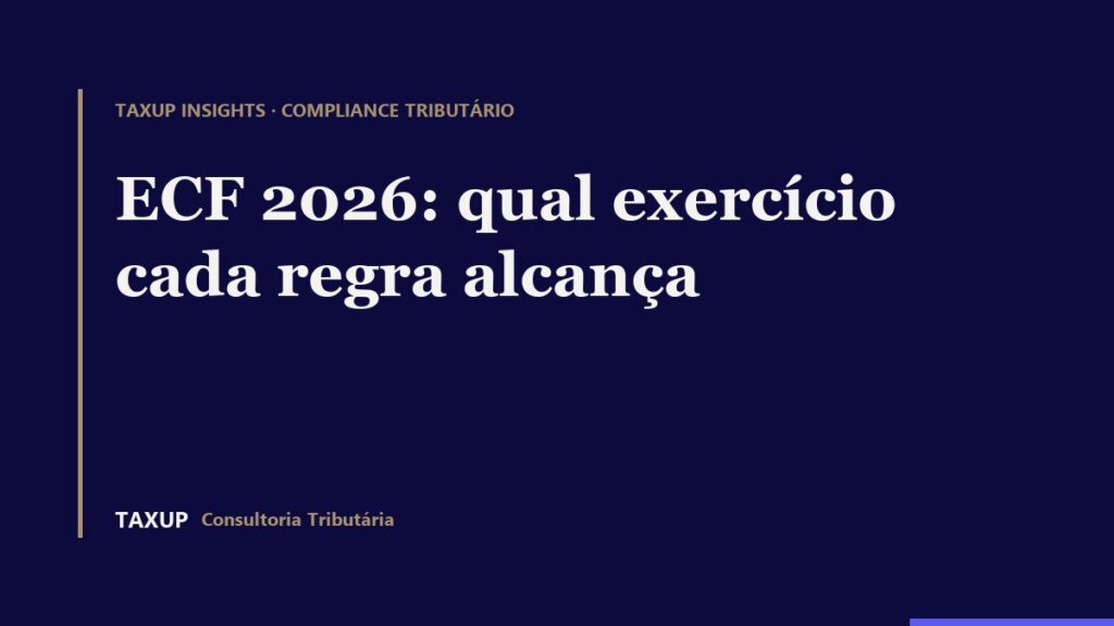 ECF 2026: o Leiaute 12 escritura o ano-calendário 2025, enquanto as alíquotas transitórias de CSLL e o acréscimo na presunção alcançam 2026 e 2027.