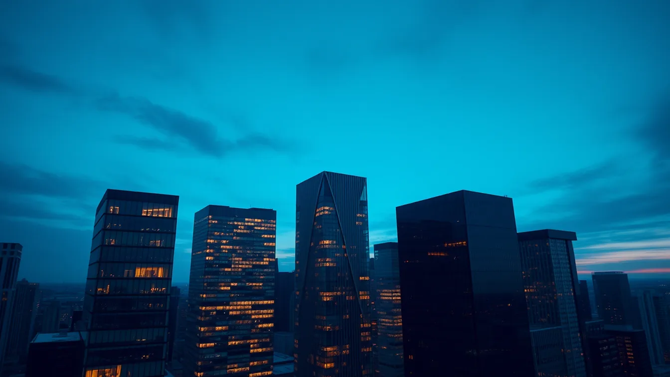Edifícios altos com fachadas escuras e janelas iluminadas sob céu azul.