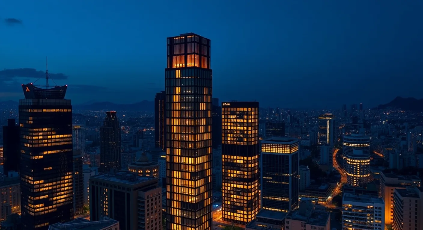 Conjunto de edifícios com janelas iluminadas sob céu azul escuro, visto acima das ruas.