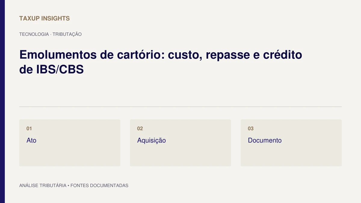 Capa tipográfica de “Emolumentos de cartório: custo, repasse e crédito de IBS/CBS”, com os tópicos Ato, Aquisição e Documento.