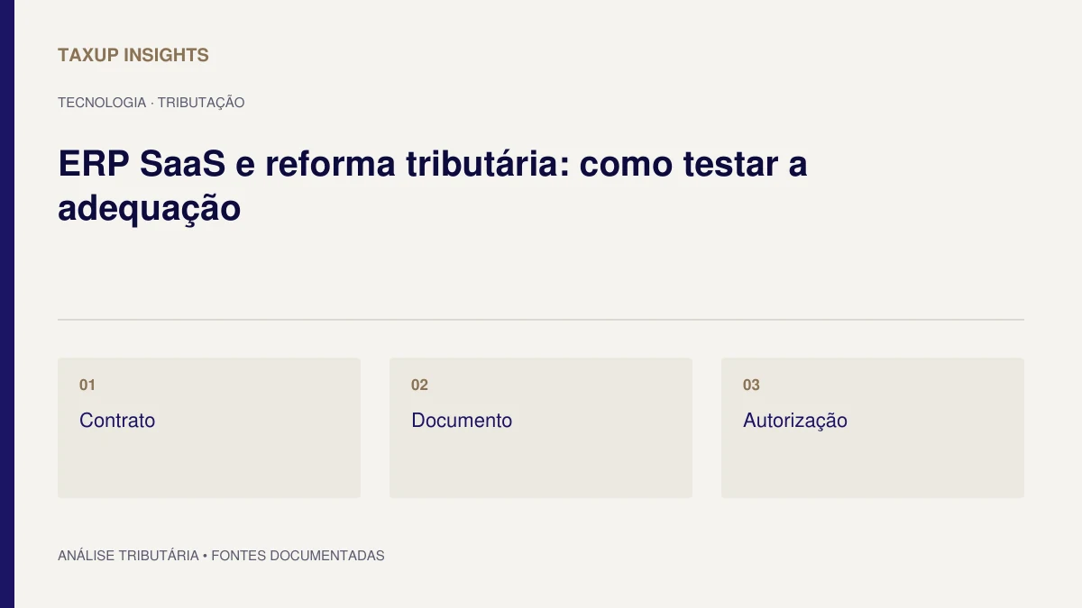 Capa tipográfica de “ERP SaaS e reforma tributária: como testar a adequação”, com os tópicos Contrato, Documento e Autorização.