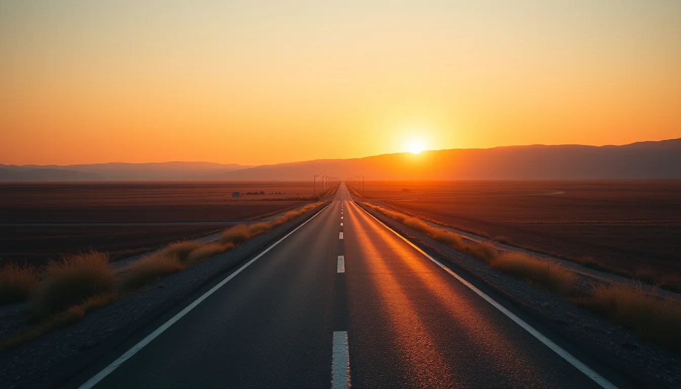 Estrada reta com faixa central seguindo até o horizonte sob luz alaranjada.