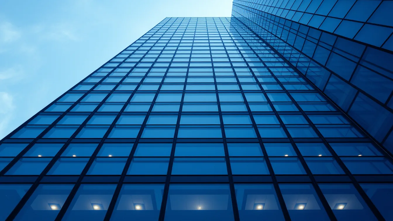 Fachadas azuis de edifícios envidraçados vistas de baixo, com linhas convergindo para o céu.