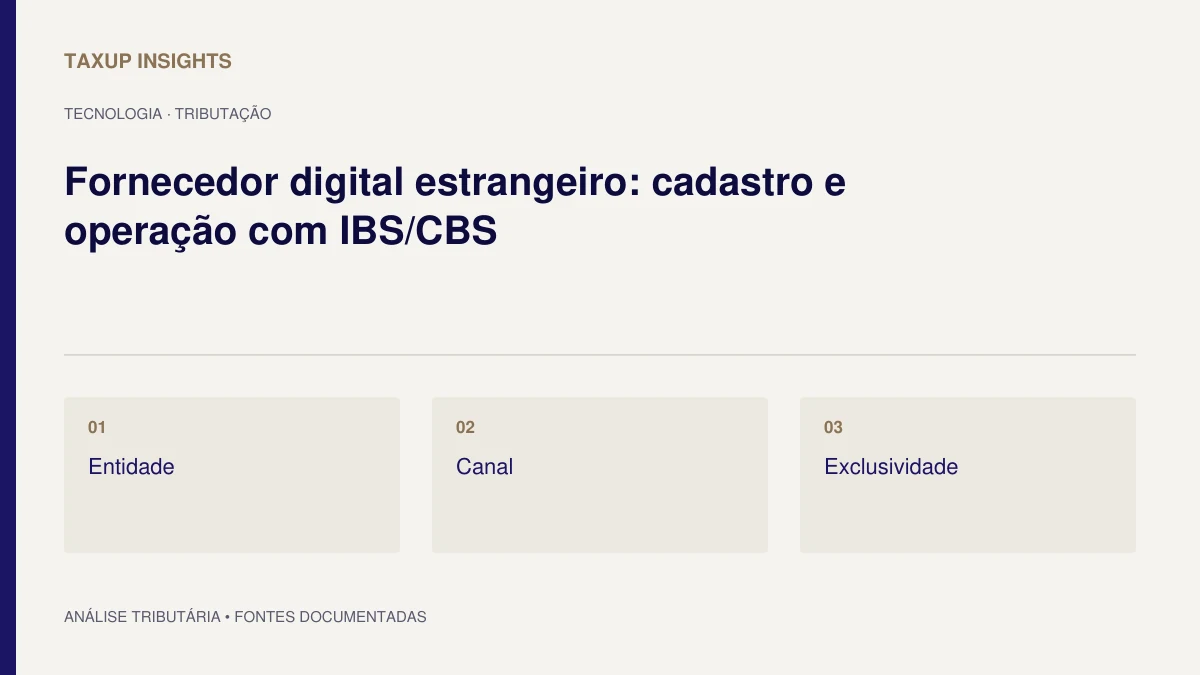 Capa tipográfica de “Fornecedor digital estrangeiro: cadastro e operação com IBS/CBS”, com os tópicos Entidade, Canal e Exclusividade.