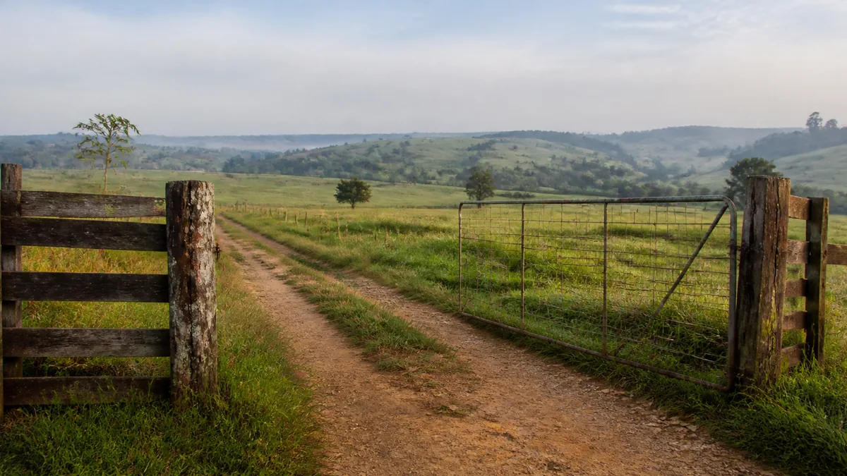 Porteira aberta, cerca e estrada rural, em ilustração para o artigo sobre ITR de imóvel invadido.