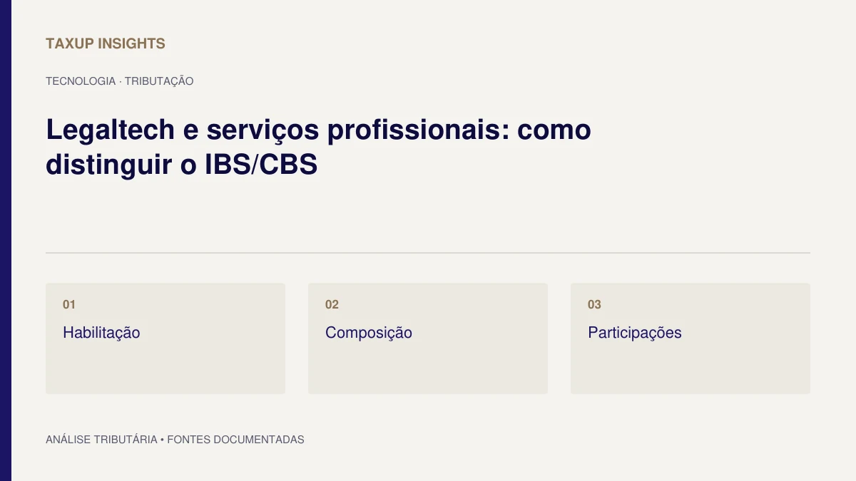Capa tipográfica de “Legaltech e serviços profissionais: como distinguir o IBS/CBS”, com os tópicos Habilitação, Composição e Participações.