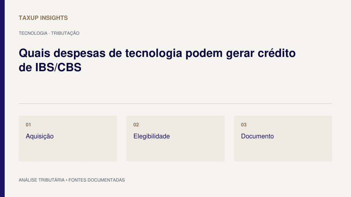 Capa tipográfica de “Quais despesas de tecnologia podem gerar crédito de IBS/CBS”, com os tópicos Aquisição, Elegibilidade e Documento.