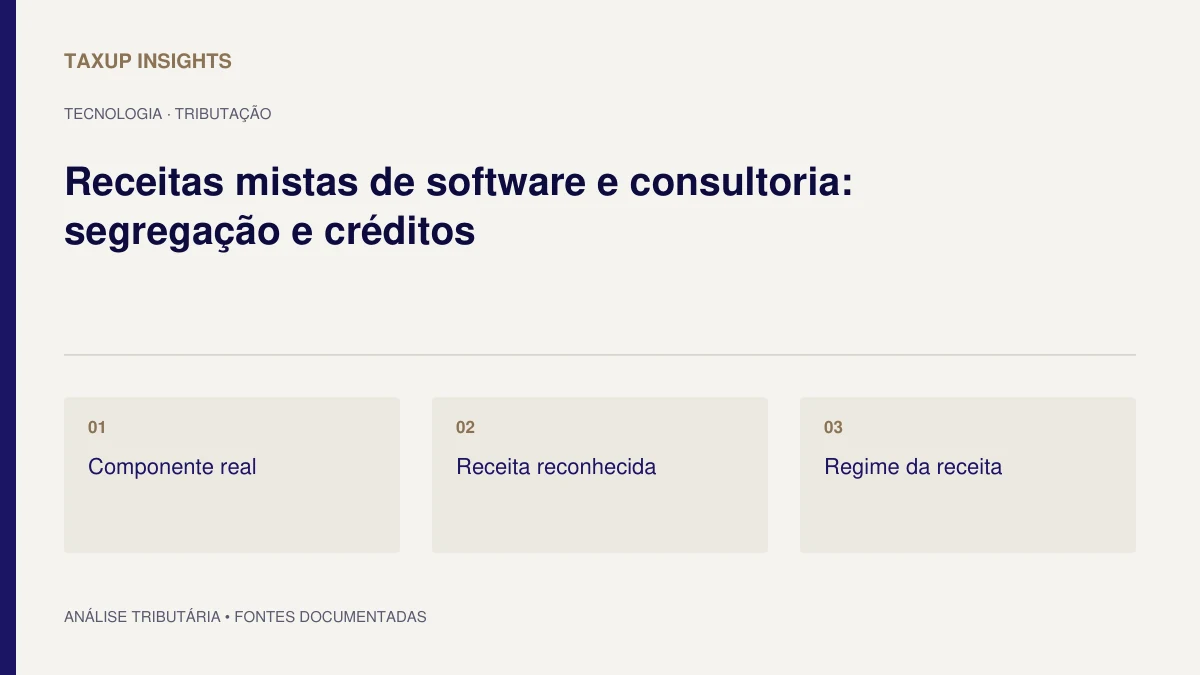 Capa tipográfica de “Receitas mistas de software e consultoria: segregação e créditos”, com os tópicos Componente real, Receita reconhecida e Regime da receita.