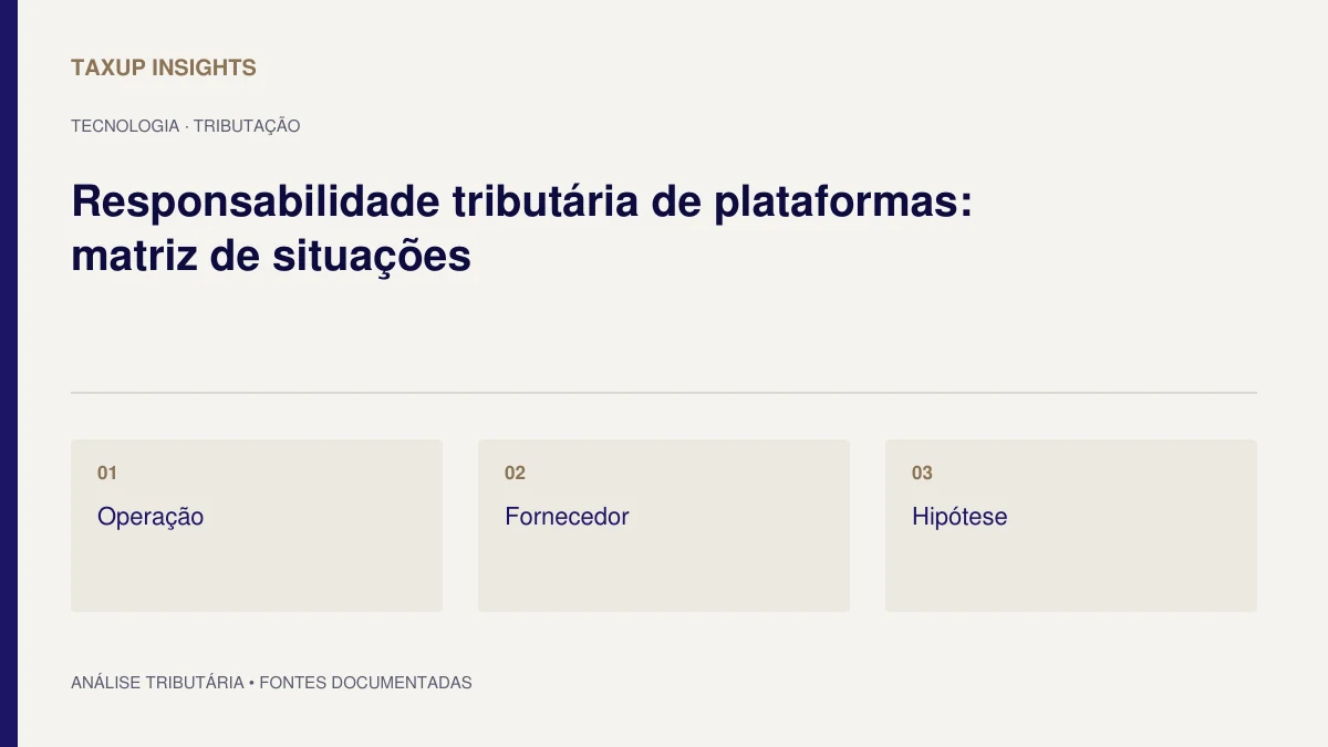 Capa tipográfica de “Responsabilidade tributária de plataformas: matriz de situações”, com os tópicos Operação, Fornecedor e Hipótese.