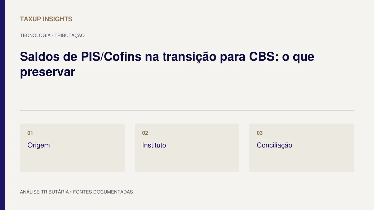 Capa tipográfica de “Saldos de PIS/Cofins na transição para CBS: o que preservar”, com os tópicos Origem, Instituto e Conciliação.