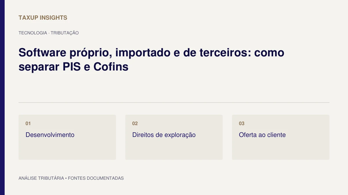 Capa tipográfica de “Software próprio, importado e de terceiros: como separar PIS e Cofins”, com os tópicos Desenvolvimento, Direitos de exploração e Oferta ao cliente.